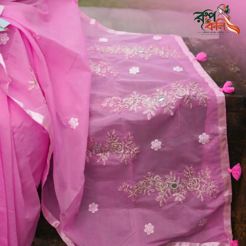 পিংক ব্লসম এমব্রয়ডারি শাড়ি - Image 5