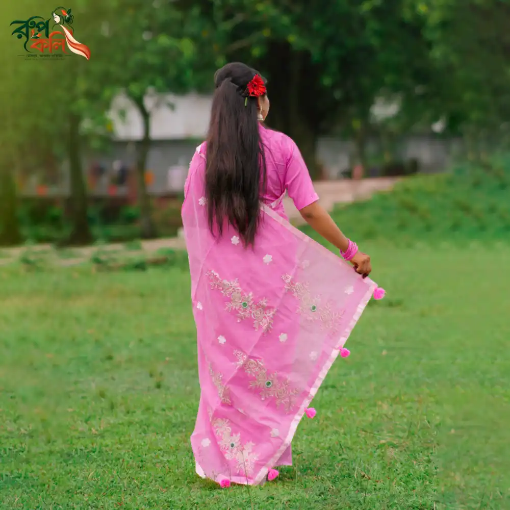 পিংক ব্লসম এমব্রয়ডারি শাড়ি - Image 3