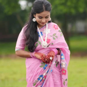 পিঙ্ক ফ্লোরাল পেইন্টেড শাড়ি